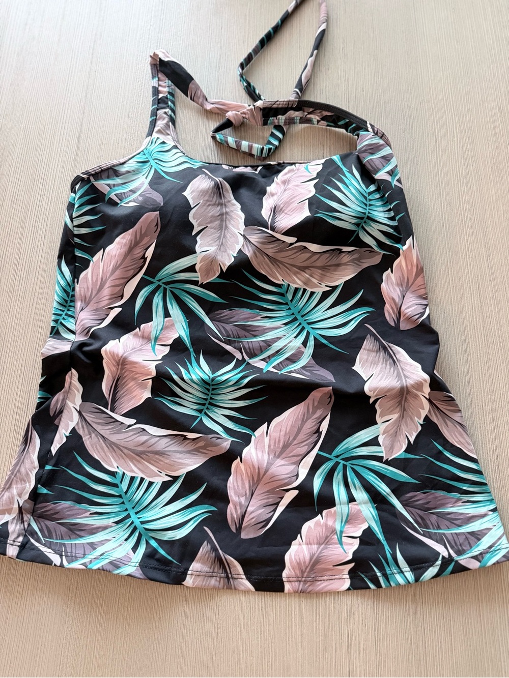 Hapari Black Halter Swim Camisole with Teal & Blush Feather Print